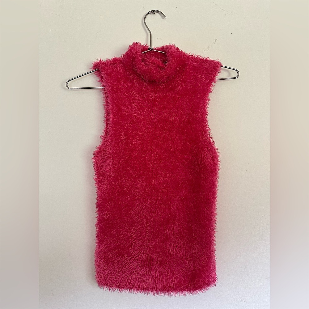 Funky, fuzzy pink Moschino turtleneck sweater tank